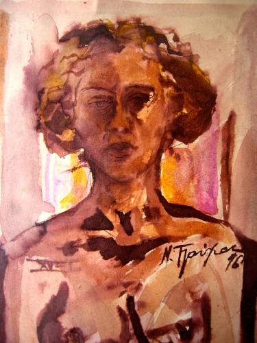 a painting of a woman in at island in Pefki