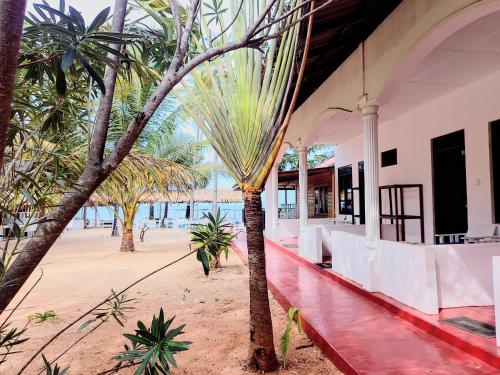 a building with palm trees on the side of it at Alles Beach Hotel in Trincomalee