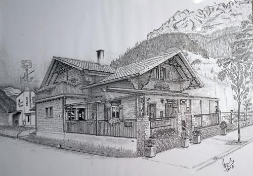a pencil drawing of a house in the mountains at Ristorante Pensione Chalet Stazione in Poschiavo