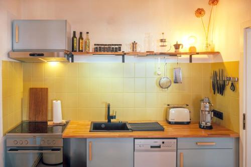 a kitchen with a sink and a counter top at Ferienwohnung Gustav Kaiser Apartment - 60qm Design Fewo Zittauer Gebirge - Unterkunft in historischer Altstadt im Dreiländereck in Zittau