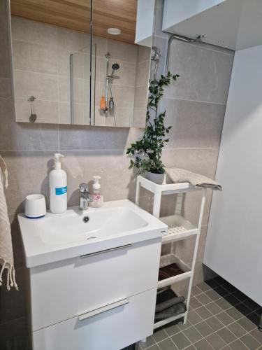 a bathroom with a white sink and a shower at New Center City Home in Kuopio