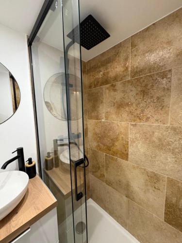a bathroom with a shower and a sink at Studio Cosy Jardin Public in Bordeaux
