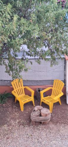 zwei gelbe Stühle und ein Korb mit einem Baum in der Unterkunft haut de Villa Fumseck climatisé in Toulon