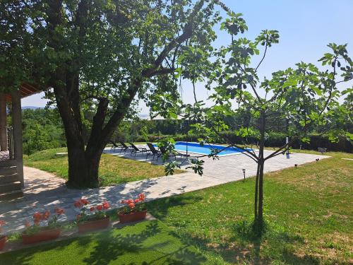 Una piscina con un árbol y flores en un patio. en Villa Sunset, en Banja Luka