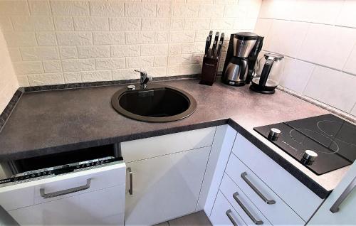 a kitchen counter with a sink and a stove at Ferienwohnung Nepperminusedom in Neppermin
