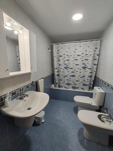 a bathroom with a sink and a toilet and a shower at Os Garitos in Ribadeo