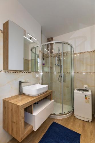 a bathroom with a sink and a shower at Casa Acquabianca in Viterbo