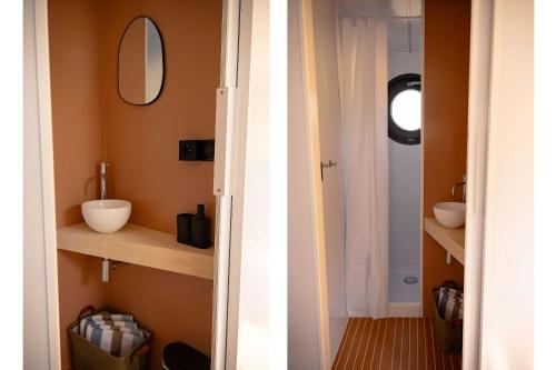 a bathroom with a sink and a mirror at Holiday Houseboats in Lith