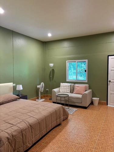 a bedroom with green walls and a bed and a couch at Well Living Guesthouse Khaolak in Khao Lak