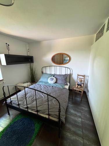 a bedroom with a bed and a mirror at Domek pod platanem in Trutnov