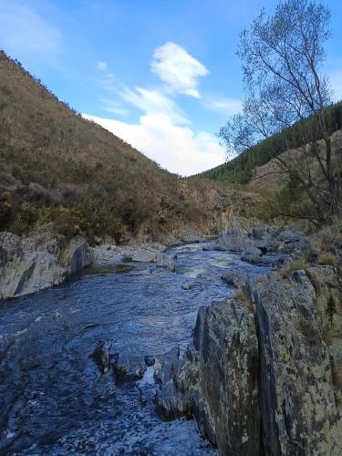 a river with rocks in the middle of a mountain at Danseys Pass Holiday Park in Oamaru