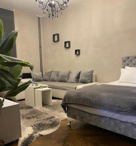 a living room with a bed and a couch at Okapi stays in Belgrade