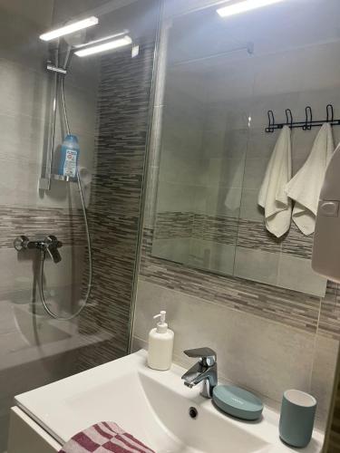 une salle de bain avec un lavabo et une douche dans l'établissement Studio avec parking proche de la plage, à Argelès-sur-Mer