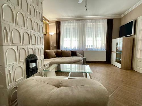 a living room with a couch and a fireplace at Margaret Apartment in Balatonkeresztúr