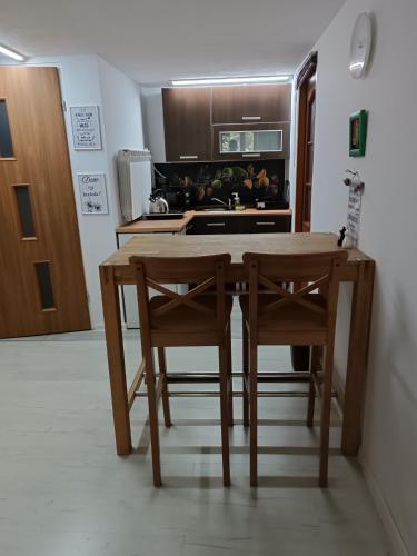 a kitchen with a wooden table and two chairs at Agroturystyka Rudy Kocur Różana 24 Jaroszowice in Jaroszowice