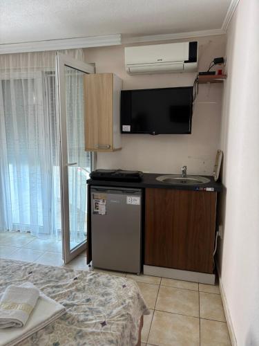 a kitchen with a sink and a television in a room at Apartmani Teodora in Nov Dojran