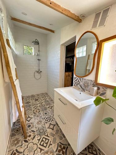 une salle de bain avec un lavabo et un miroir dans l'établissement Joli studio en pleine nature, à Six-Fours-les-Plages
