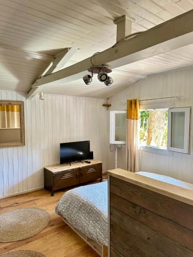 - une chambre avec 2 lits et une télévision dans l'établissement Joli studio en pleine nature, à Six-Fours-les-Plages
