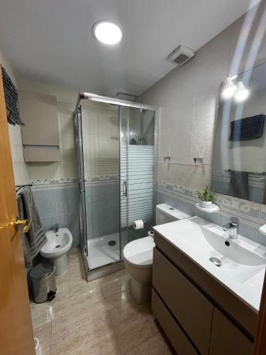 a bathroom with a shower and a toilet and a sink at Apartamento SOLCAPRI in Benicarló