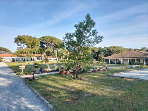 a yard with trees and a house in the background at Résidence Les Salines Boyardville - Chambres et studios in Saint-Pierre-dʼOléron