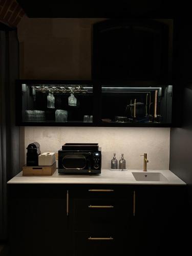 a kitchen counter with a microwave and a sink at Les Ecuries de Rigny, Suite haut de gamme avec jardin, jacuzzi et piscine in Nancy
