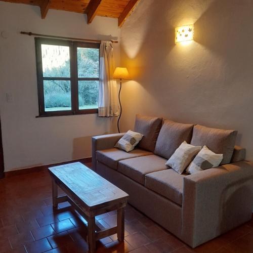 a living room with a couch and a table at Cabaña Del Viento in Huinganco