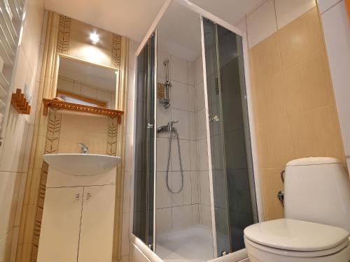 a bathroom with a shower and a toilet and a sink at Pokoje Gościnne Plażowa in Jastarnia