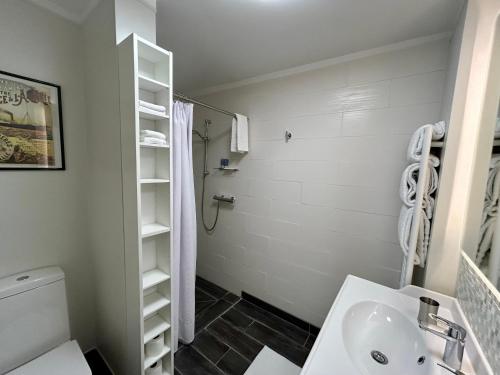 une salle de bain blanche avec lavabo et douche dans l'établissement La Villa de Chinon, à Chinon