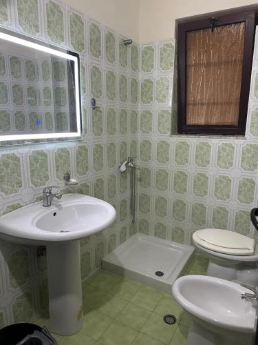 a bathroom with a sink and a toilet and a window at Villa Edi in Vlorë