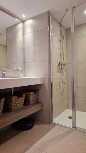 une salle de bain avec un lavabo et une douche dans l'établissement Cannes Centre - Villa Lérins - Cavell Suites - Walking Distance From Palais des Festivals and Beach - Free Parking - Perfect Location For Business And Holliday, à Cannes