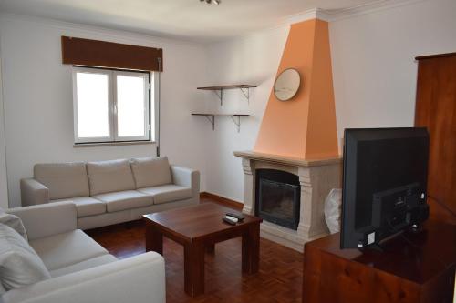 a living room with a couch and a fireplace at Apartamento T2 Alpiarça in Alpiarça