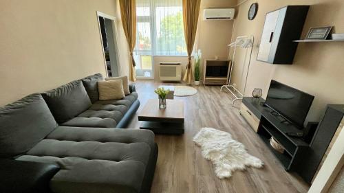 a living room with a couch and a television at Jucus Apartman in Makó