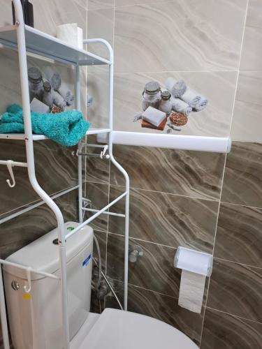 a bathroom with a toilet and towels on shelves at Appartement centre-ville Dome in Kenitra