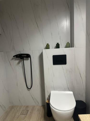 a white bathroom with a toilet and a shower at Joseph Seaside Apartment 5 in Heraklio