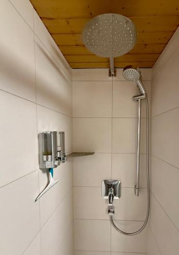 a bathroom with a shower with a shower head at Bavarian Holiday Hideaway in Pfronten