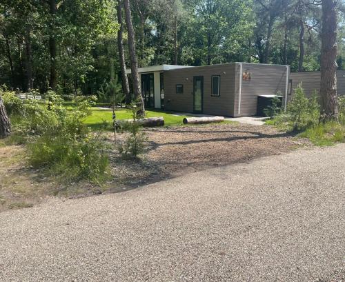 a small cabin in the woods next to a road at Vakantie woning "Huisje Boszicht" in Haarle