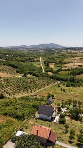 an overhead view of a farm with a house in a field at Panorama Kosmaj in Drumine