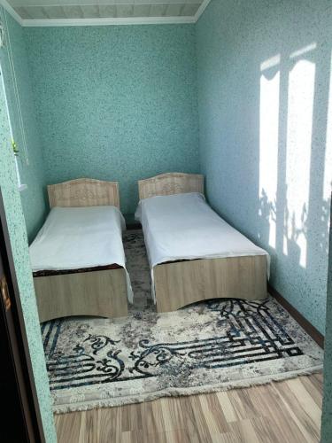 two beds in a room with green walls at Omurbek Guesthouse in Sary-Mogul