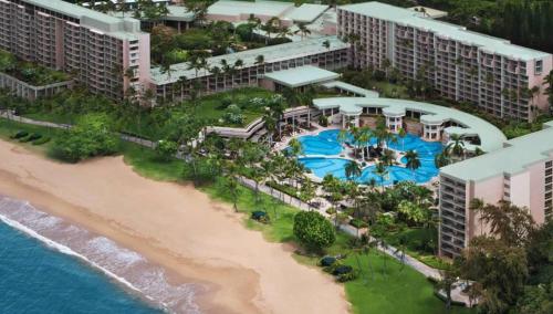 an aerial view of the resort and the beach at Marriott Kauai Beach Club Parlor Apartment with Resort Access in Lihue