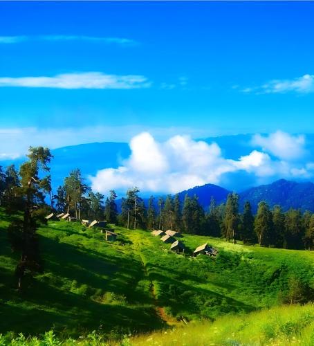 a green hillside with a group of houses on it at Cristal Loft C block 203 room in Bakuriani