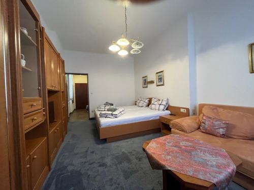 a small room with a bed and a couch at Aparthotel Mariazellerhof in Sankt Pölten