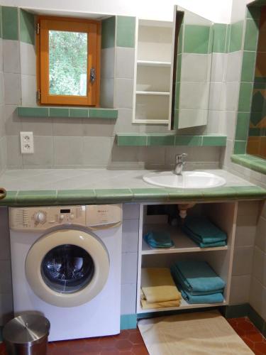 une salle de bain avec une machine à laver et un lavabo dans l'établissement Villa spacieuse à Chamaret avec piscine privée, à Chamaret