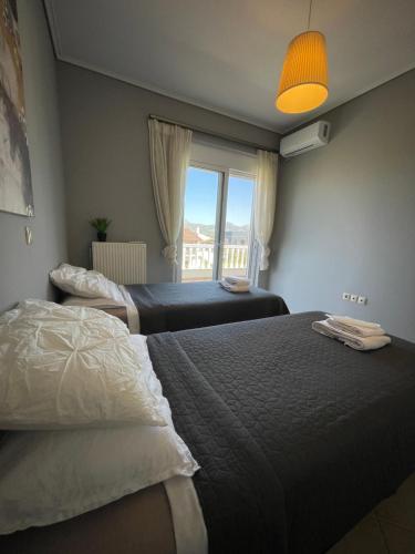 two beds in a room with a window at Villa Zose' luz in Káto Ássos