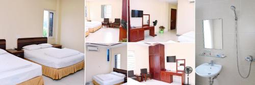 four different pictures of a hotel room with a bathroom at Lao Cai Sun Hotel in Cốc Lếu