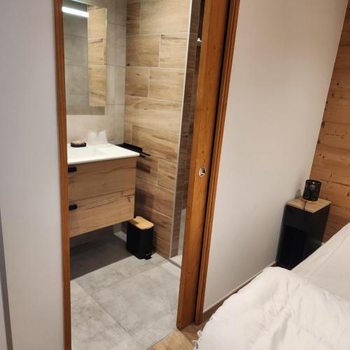 une salle de bain avec un lavabo et un miroir dans l'établissement Nouveau !LE CHOUCAS appartements au centre avec parking Multipass gratuit en été, à Châtel
