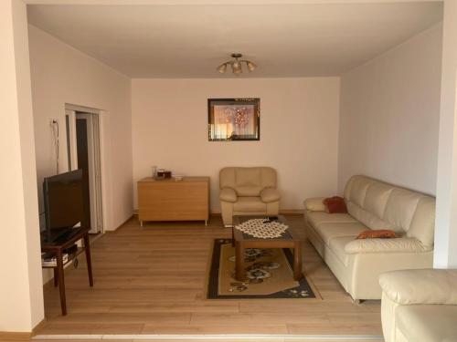 a living room with a couch and a chair at Casa Ani in Ocna-Mureşului