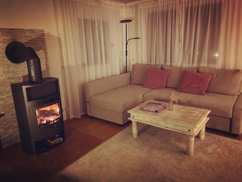 a living room with a couch and a wood stove at Idyllisches Häuschen im Grünen mit Whirlpool in Roßbach