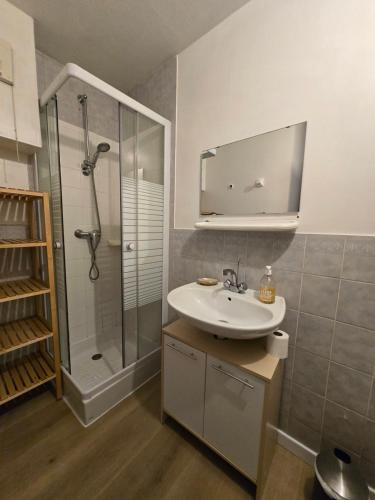 une salle de bain avec un lavabo et une douche dans l'établissement Studio AXEL entre plage et port de plaisance, à La Rochelle