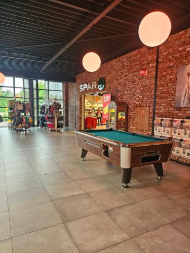 a room with a pool table in a store at Knus boomstamhuisje op de Schatberg - nabij Toverland in Sevenum