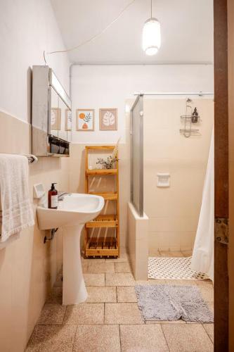 a white bathroom with a sink and a shower at Hermosa Casa V. General Belgrano in Villa General Belgrano
